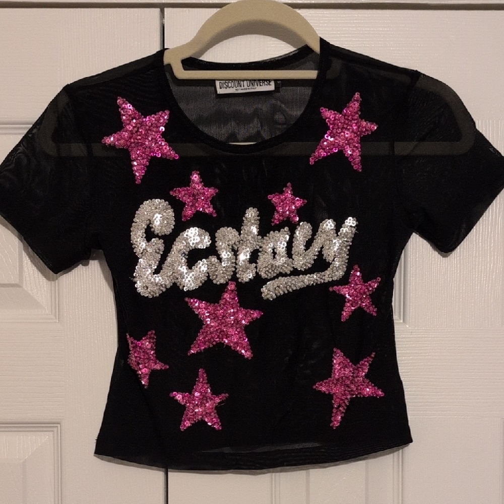 Discount Universe Black Sequin 'Ecstasy' Mesh Tee with Pink Stars